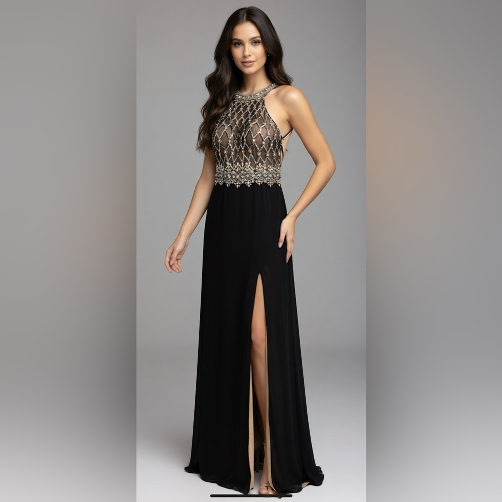 Alys Paris Beaded Sequin Evening Black slit maxi Wedding Prom Luxe dress Size 10